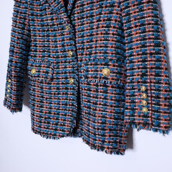 ZARA Tweed Textured Fitted Blazer Multicolor Frayed Trim Gold Button Women's XS - Picture 7 of 14